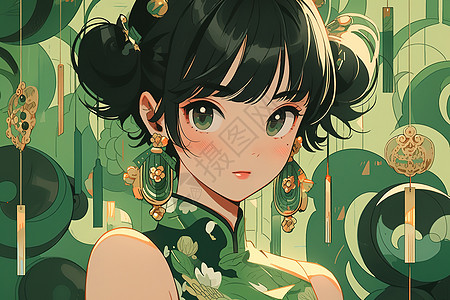 绿色系中式旗袍夏日多巴胺色彩双丸子头女孩图片