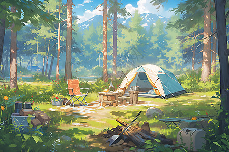 森林露营帐篷卡通插画图片