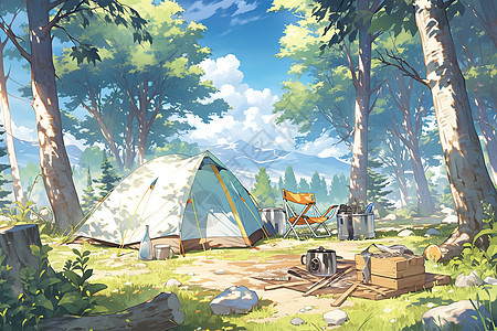 森林露营帐篷二次元卡通插画图片