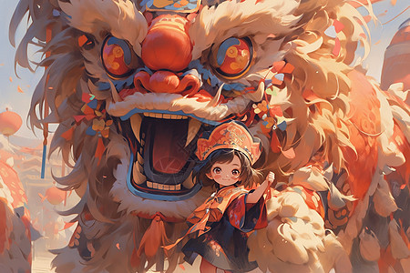 中国醒狮与小女孩中国风图片