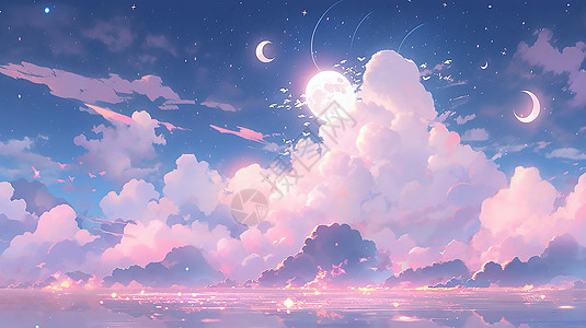 粉色天空背景光影云朵月亮插画插画