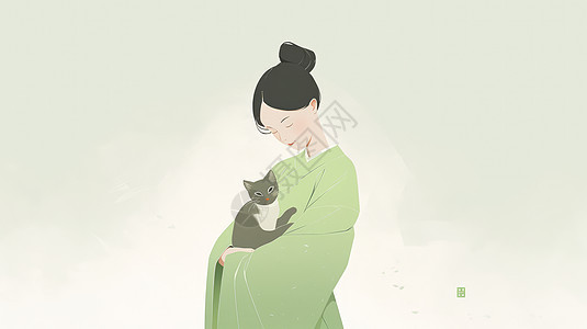 抱着宠物猫穿绿色古风衣服的卡通女孩图片