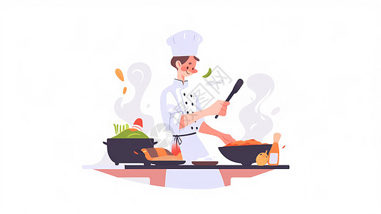 男人做饭穿着厨师服装在做饭的卡通男人扁平风插画