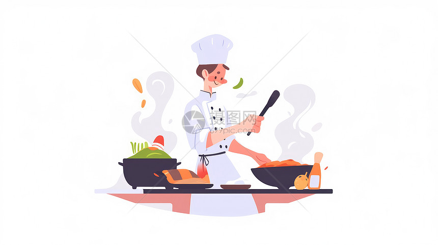 穿着厨师服装在做饭的卡通男人扁平风图片