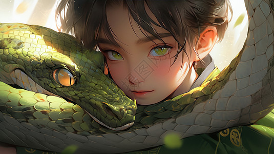 古风卡通男孩与绿色巨蛇图片