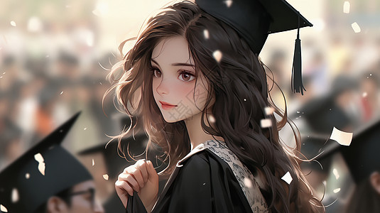 黑色长卷发卡通女孩穿学士服参加毕业典礼图片