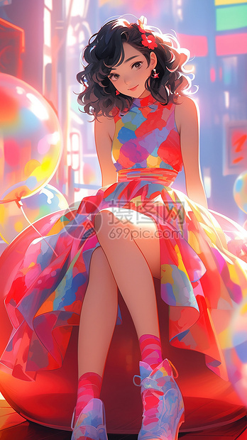 女孩穿着彩色时尚连衣裙坐在沙发上图片