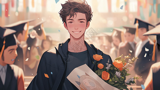 帅气的阳光短发卡通男孩抱着花朵参加毕业典礼背景图片