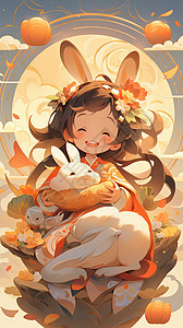 中秋节开心抱着兔子的小女孩图片