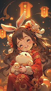 可爱的女孩抱着兔子中秋插画图片