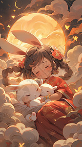 可爱的女孩抱着兔子睡觉中秋插画图片