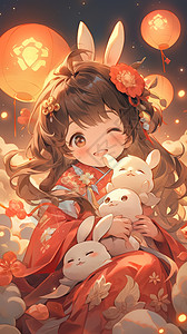 中秋节小女孩抱着兔子图片