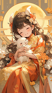 中秋节女孩开心抱着兔子图片