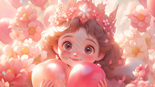 戴粉色皇冠被粉色花朵包围的大眼睛可爱卡通小公主图片