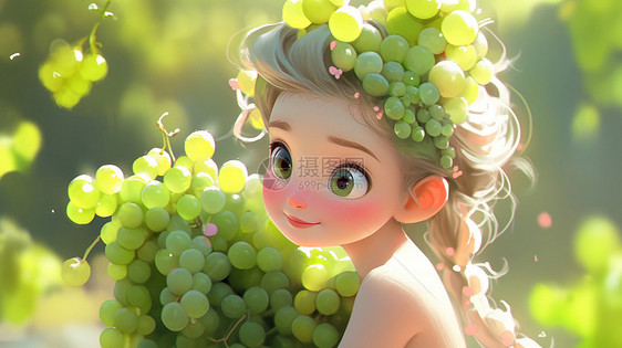 抱着翠绿葡萄的可爱的卡通小公主在葡萄园图片