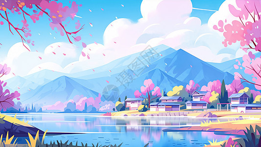 开粉色花朵的树与美丽的湖边村庄卡通风景背景图片