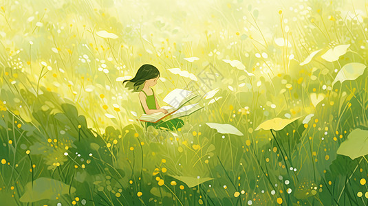 在野外草丛中看书的卡通小清新女孩图片