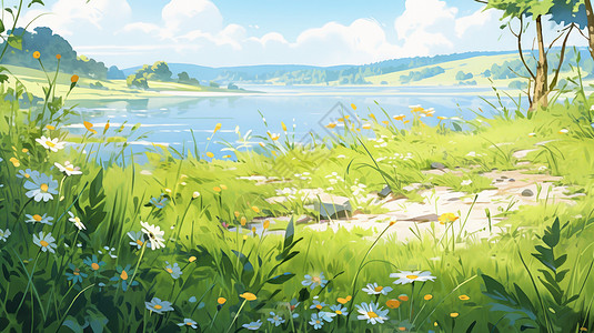 嫩绿草地上开满野花远处美丽的湖泊卡通风景背景图片