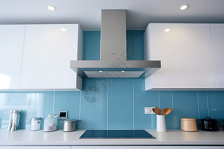 蓝白厨房里的油烟机图片