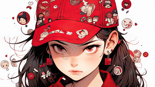 时尚帅气戴红色棒球帽的卡通女孩图片