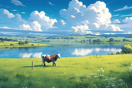 辽阔的草原牛羊吃草天然牧场治愈插画图片