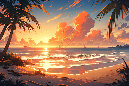 椰林树影海滩日落漫画图片
