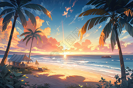 夏日椰林树影海滩日落漫画图片