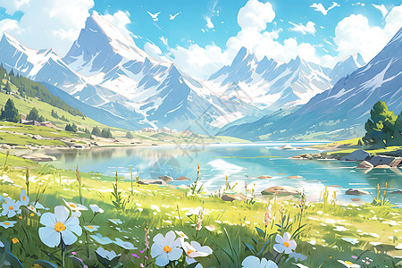 草原高原壮观的雪山湖泊治愈插画图片