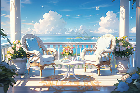 夏天面朝大海的阳台咖啡桌椅图片