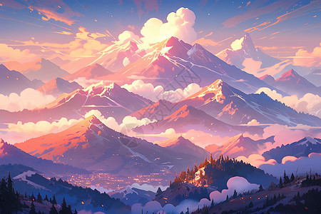 壮观的日落雪山浪漫漫画图片