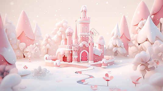 雪中梦幻粉色卡通城堡图片