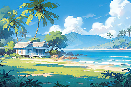 夏日热带海边风景治愈卡通插画图片