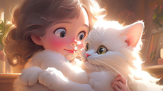 抱着白色大猫的可爱卡通小女孩图片