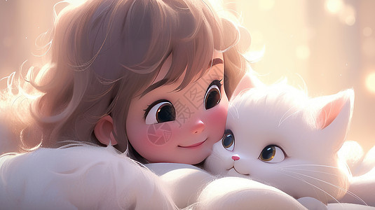 可爱的卡通小女孩与白色大猫对视图片
