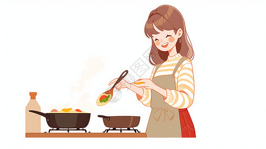 主妇做饭正在做饭的长发卡通女人插画