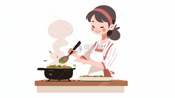 拿着勺子在煮饭的卡通女人图片