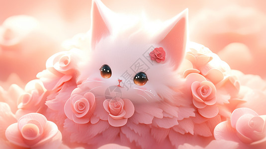 被粉色包花朵包围可爱的白色卡通小奶猫图片