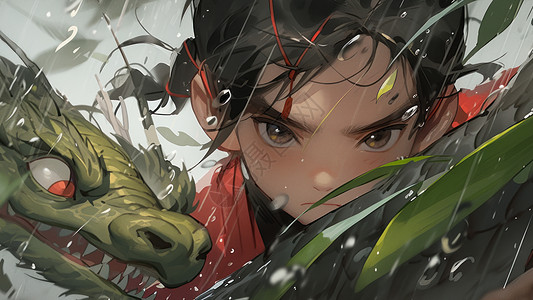 大雨中穿红色古风衣服的卡通少年与绿色巨龙图片
