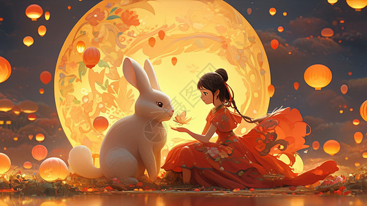 在超大月亮前与兔子一起赏花灯的古风卡通女孩图片