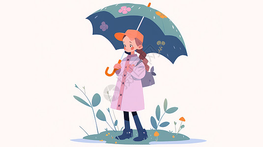 拿着蓝色雨伞可爱的卡通小女孩图片