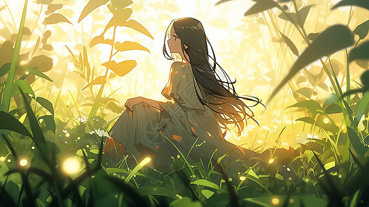 卡通坐在草丛里的女孩图片