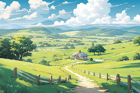 夏日宁静的乡村田园风景漫画图片