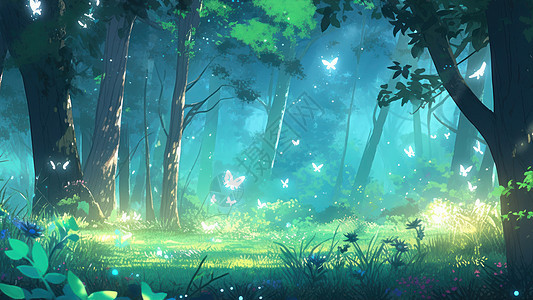 梦幻发光的蝴蝶飞在美丽的梦幻卡通森林中图片
