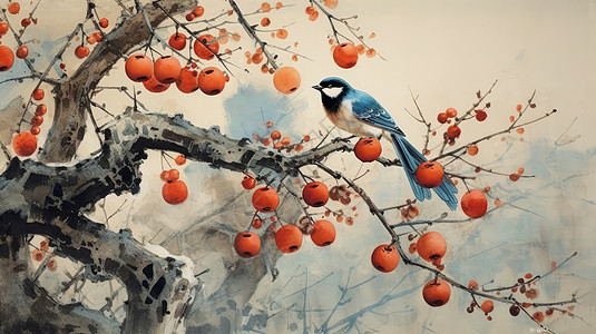 古风水墨画小鸟站在结满柿子树梢上图片