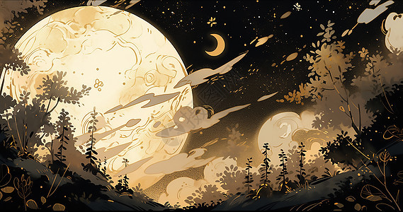 鎏金夜晚月亮插画图片