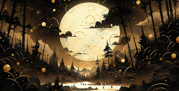 月亮夜空风景插画图片