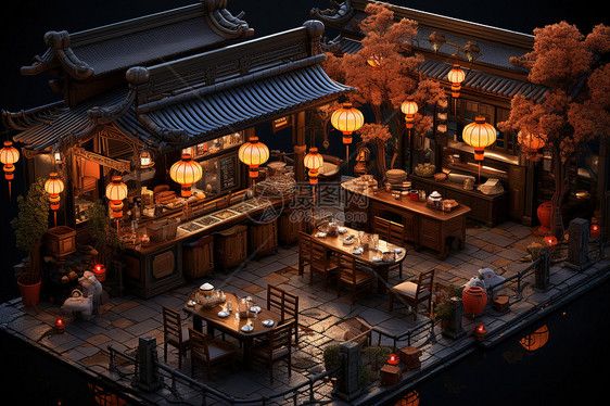 等距迷你古镇餐厅中国风建筑3D图片