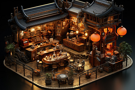 等距迷你古镇餐厅中国风3D建筑图片