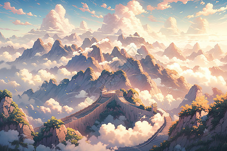 云海高耸的山峰壮观漫画背景图片