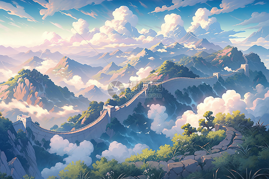 云海高耸的山峰壮观插画图片